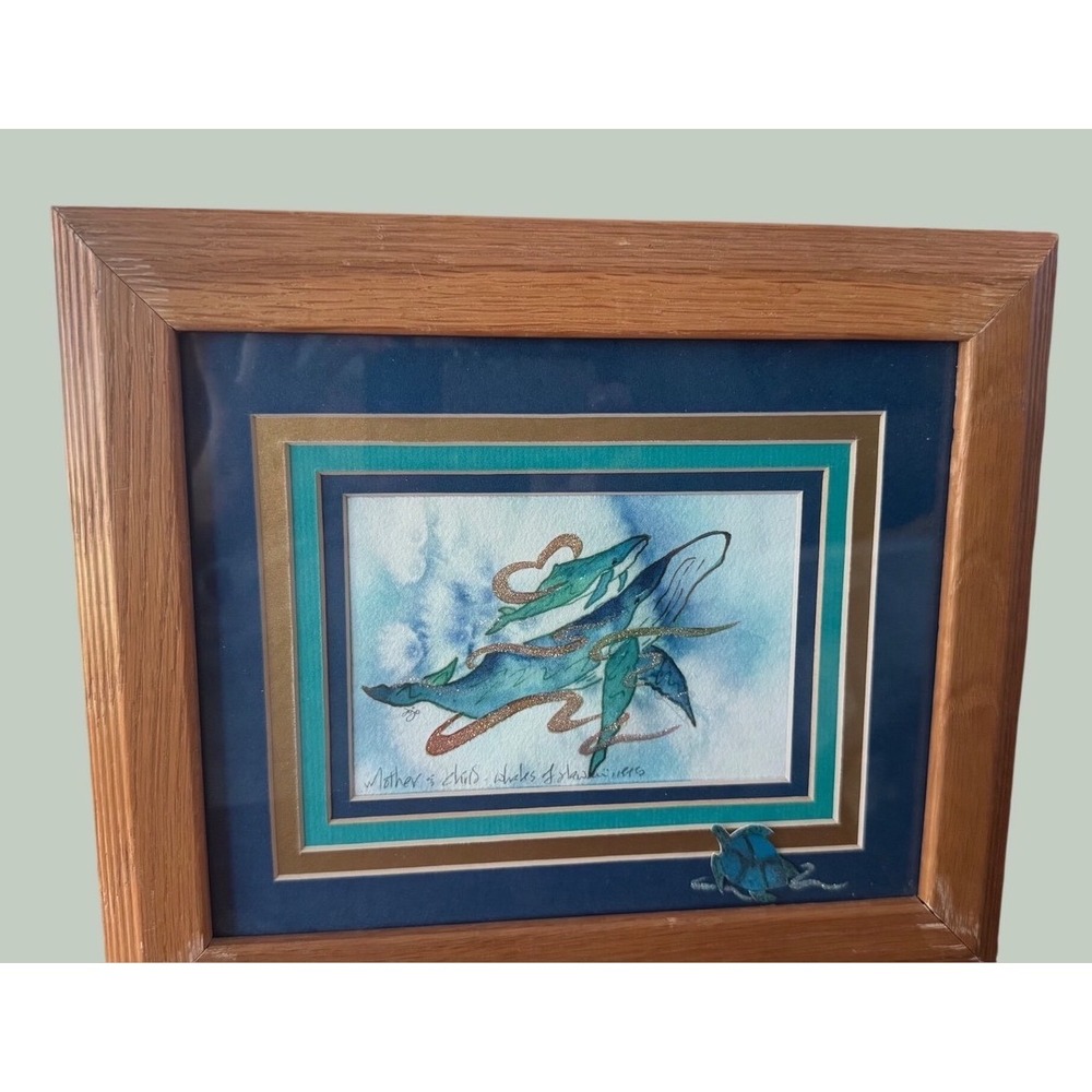 Jojo Original Watercolor Mother & Child Whales of Hawaii Signed Framed‎ Art